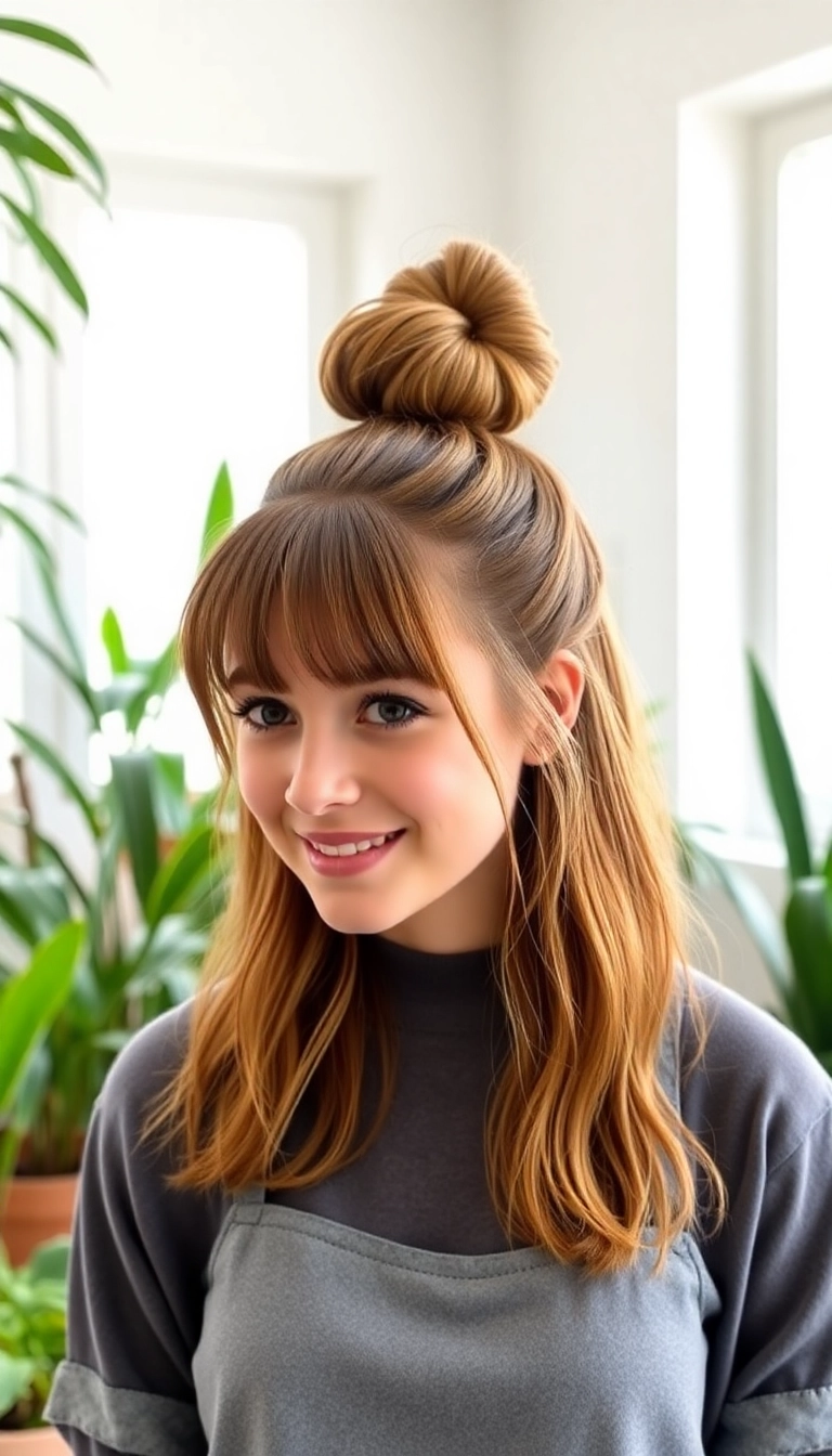 22 Chic Bun with Bangs Hairstyles That'll Turn Heads at Any Event! - 7. Half-Up Bun with Baby Bangs