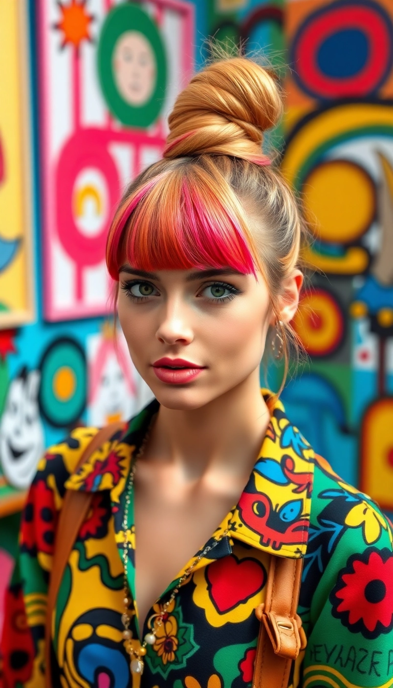 22 Chic Bun with Bangs Hairstyles That'll Turn Heads at Any Event! - 22. Whimsical Twisted Bun with Baby Bangs