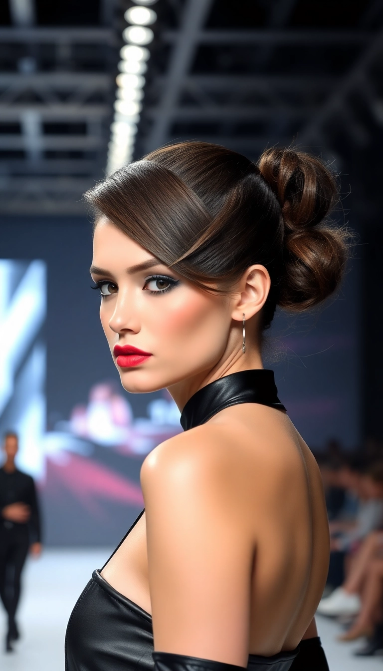 22 Chic Bun with Bangs Hairstyles That'll Turn Heads at Any Event! - 12. Sleek Side Bun with Angular Bangs