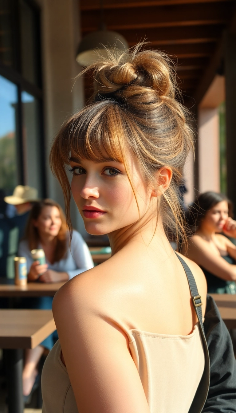 22 Chic Bun with Bangs Hairstyles That'll Turn Heads at Any Event! - 11. Messy Low Bun with Textured Bangs