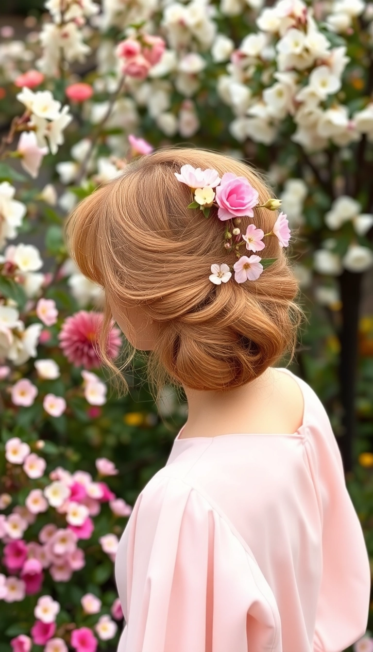 22 Chic Bun with Bangs Hairstyles That'll Turn Heads at Any Event! - 13. Romantic Floral Bun with Soft Bangs