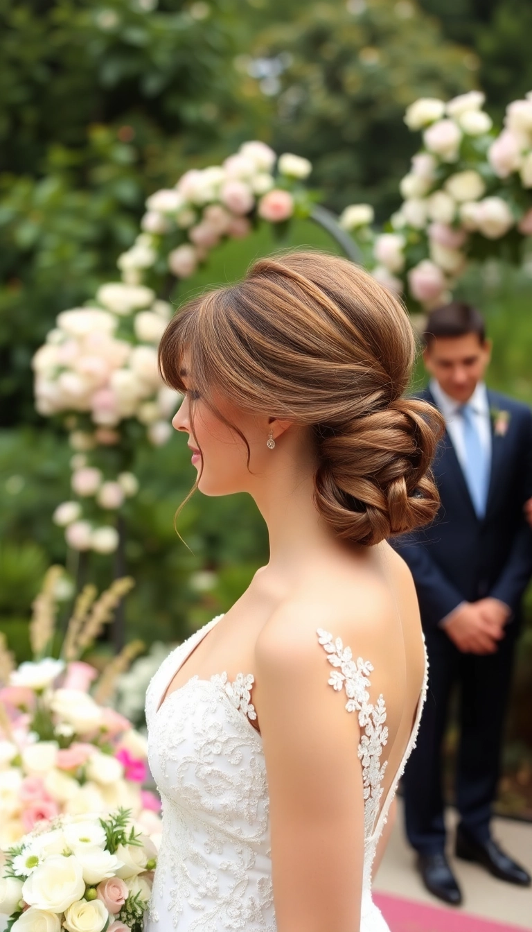 22 Chic Bun with Bangs Hairstyles That'll Turn Heads at Any Event! - 10. Elegant Low Chignon with Long Bangs