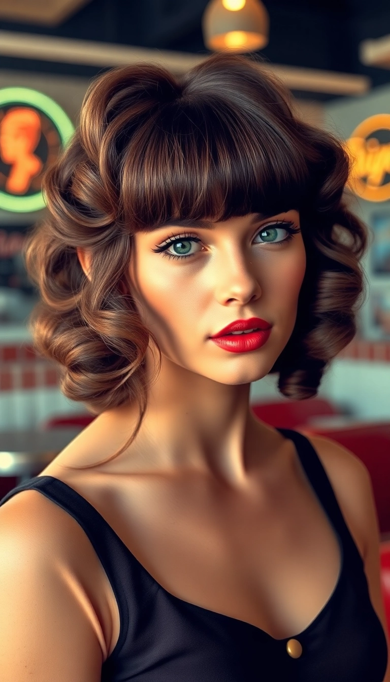 23 Flattering Short Hair with Bangs Styles for Round Faces (You'll Want to Try #7!) - 16. Retro Curly Bangs