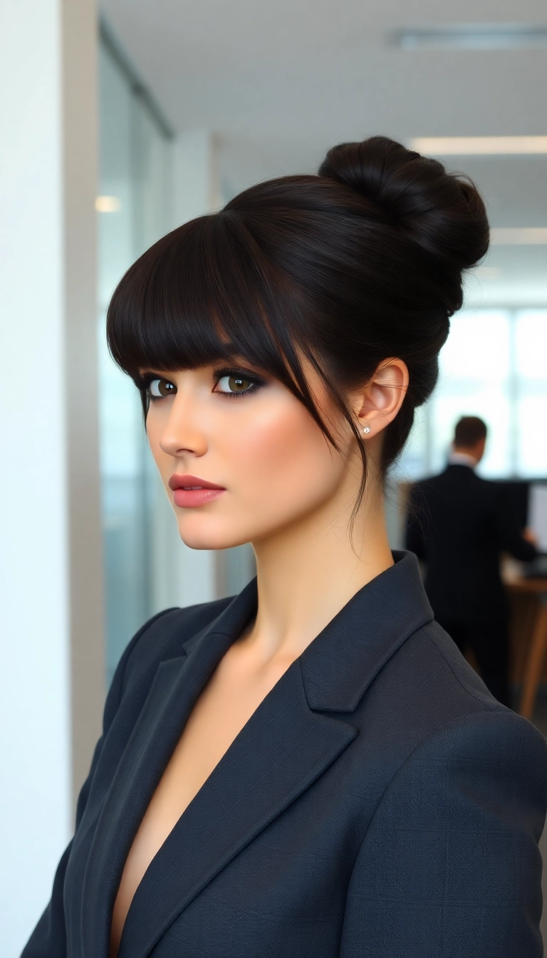 22 Chic Bun with Bangs Hairstyles That'll Turn Heads at Any Event! - 14. Sleek Low Bun with Feathered Bangs