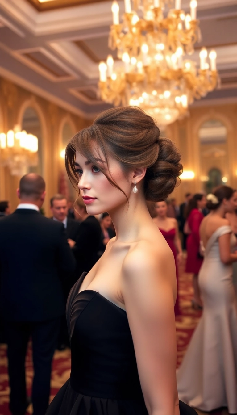 22 Chic Bun with Bangs Hairstyles That'll Turn Heads at Any Event! - 21. Chic Updo with Long Wispy Bangs