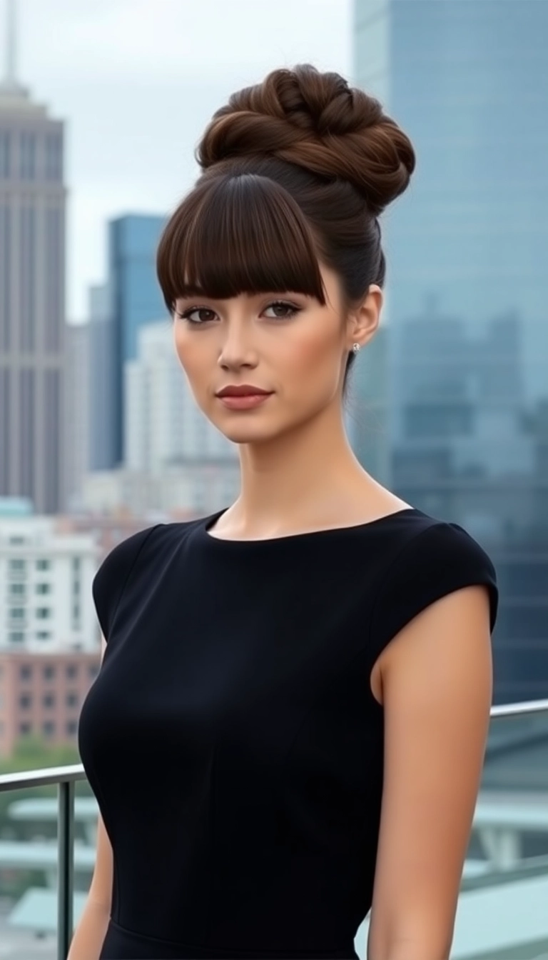 22 Chic Bun with Bangs Hairstyles That'll Turn Heads at Any Event! - 2. Sleek High Bun with Blunt Bangs