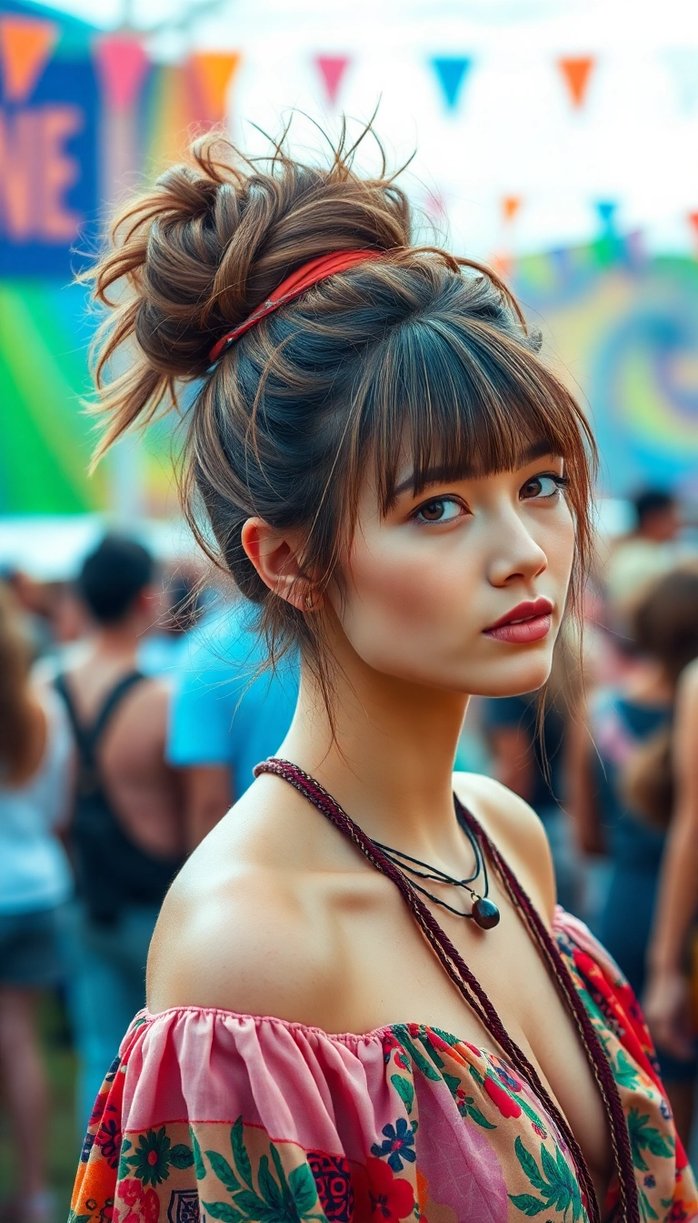 22 Chic Bun with Bangs Hairstyles That'll Turn Heads at Any Event! - 18. Bohemian Bun with Natural Bangs