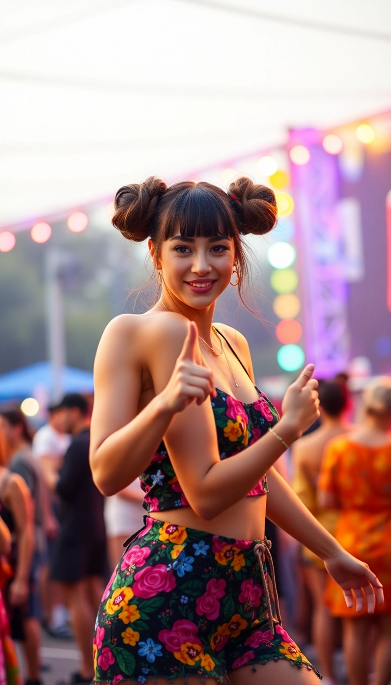 22 Chic Bun with Bangs Hairstyles That'll Turn Heads at Any Event! - 9. Double Buns with Straight Bangs