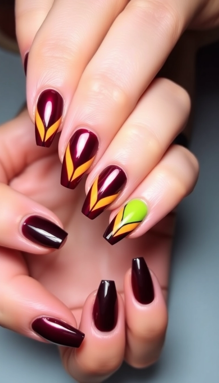 22 Stunning Burgundy Chrome Nail Ideas That Will Have Everyone Asking Where You Got Them! - 22. Burgundy Chrome with Color Block Design