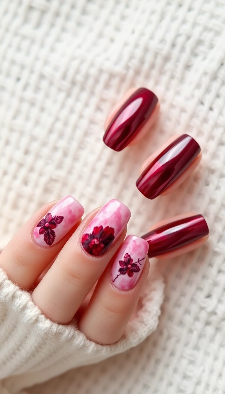 22 Stunning Burgundy Chrome Nail Ideas That Will Have Everyone Asking Where You Got Them! - 20. Burgundy Chrome with Watercolor Effect