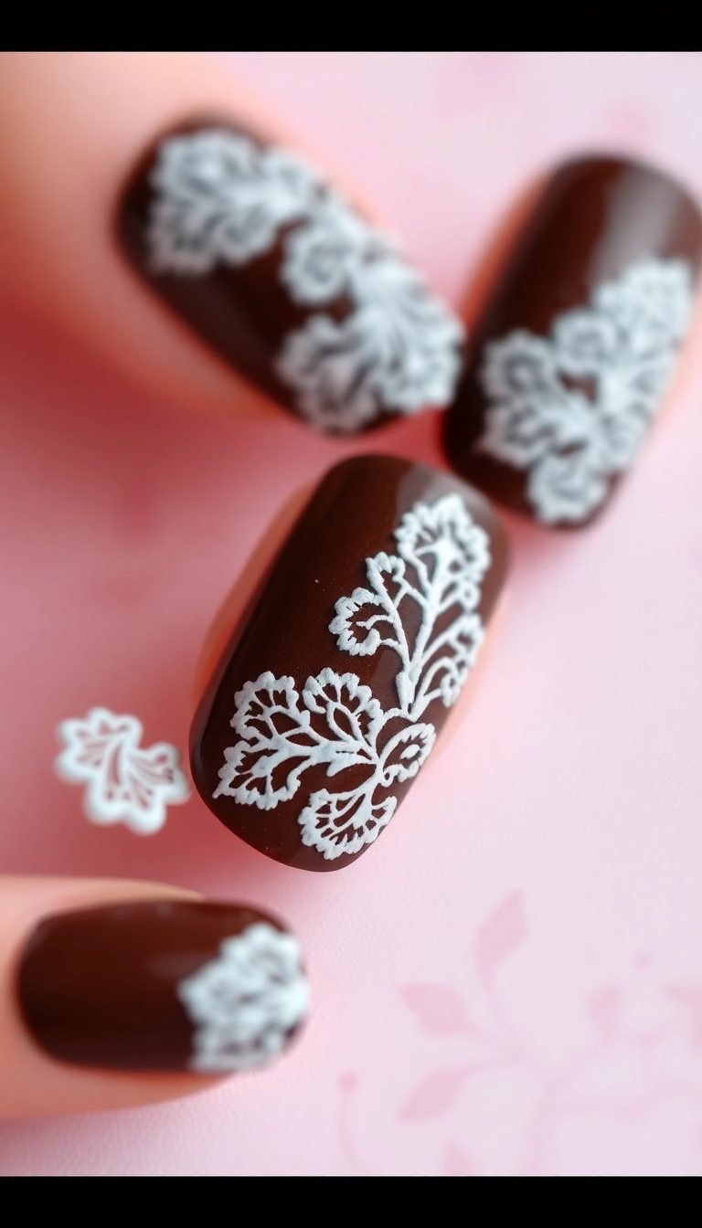 25 Trendy Chocolate Brown Nail Art Designs You Can't Miss! - 17. Chocolate Brown with Lace Designs