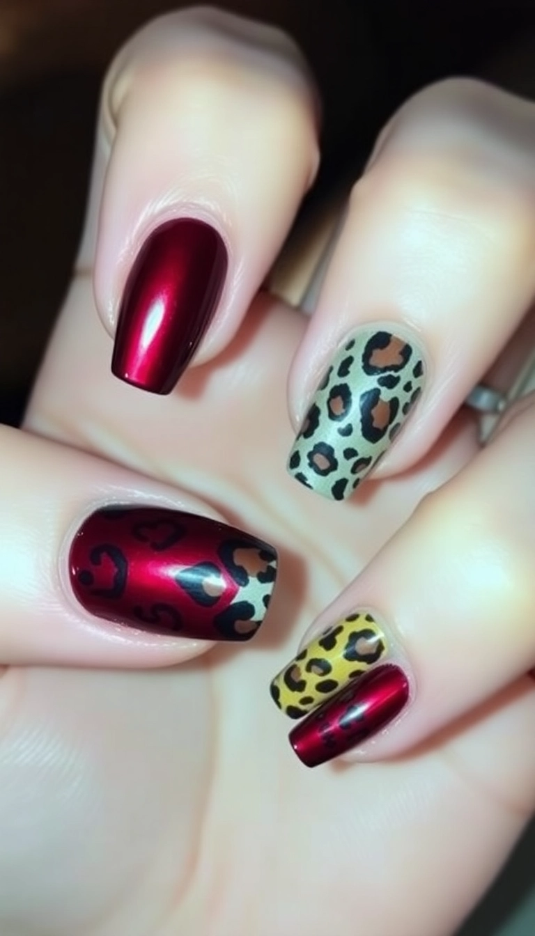 22 Stunning Burgundy Chrome Nail Ideas That Will Have Everyone Asking Where You Got Them! - 12. Burgundy Chrome with Animal Print