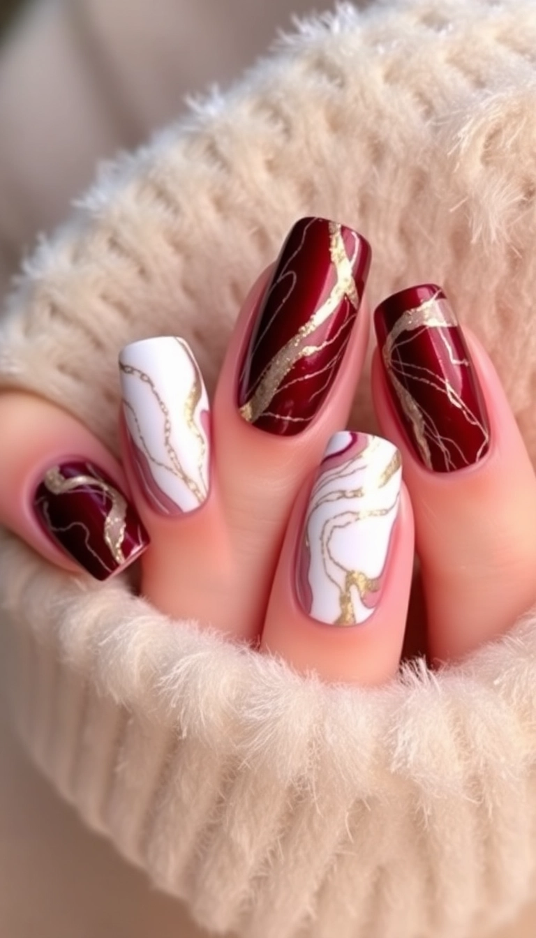 22 Stunning Burgundy Chrome Nail Ideas That Will Have Everyone Asking Where You Got Them! - 17. Burgundy Chrome and Marble Effect