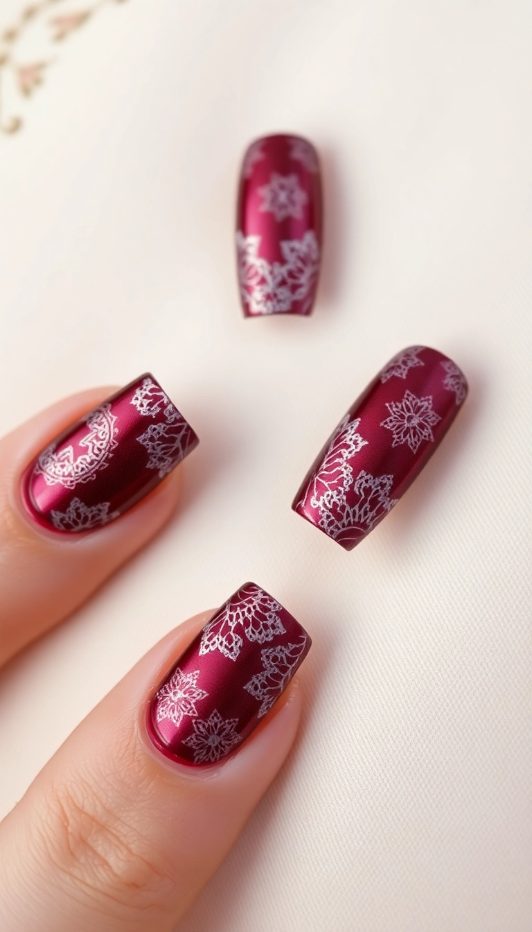 22 Stunning Burgundy Chrome Nail Ideas That Will Have Everyone Asking Where You Got Them! - 19. Burgundy Chrome with Lace Design