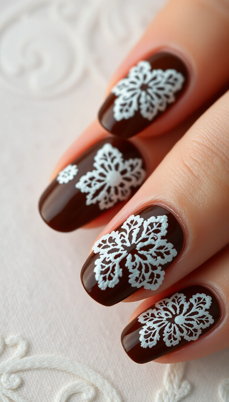 25 Trendy Chocolate Brown Nail Art Designs You Can't Miss! - 17. Chocolate Brown with Vintage Lace