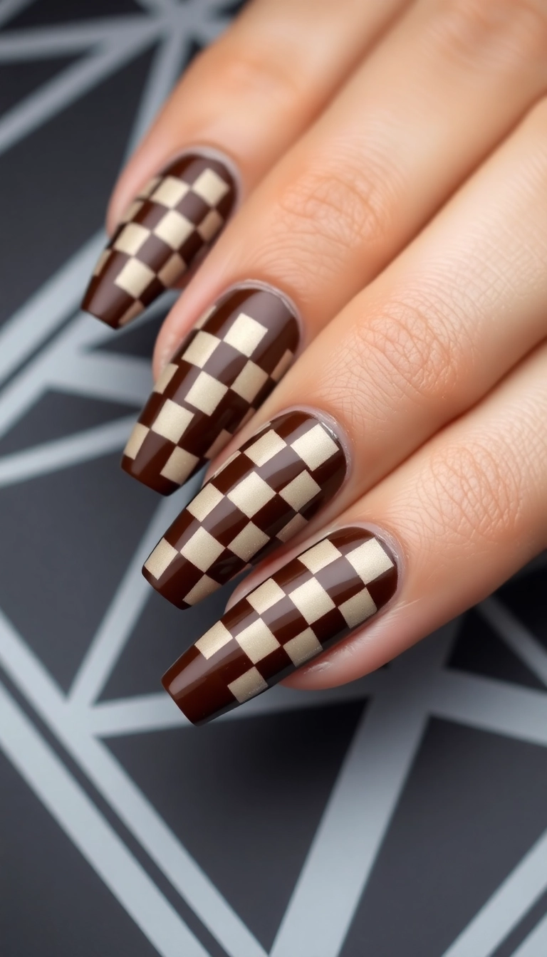 25 Trendy Chocolate Brown Nail Art Designs You Can't Miss! - 24. Chocolate Brown with Striking Checkerboard