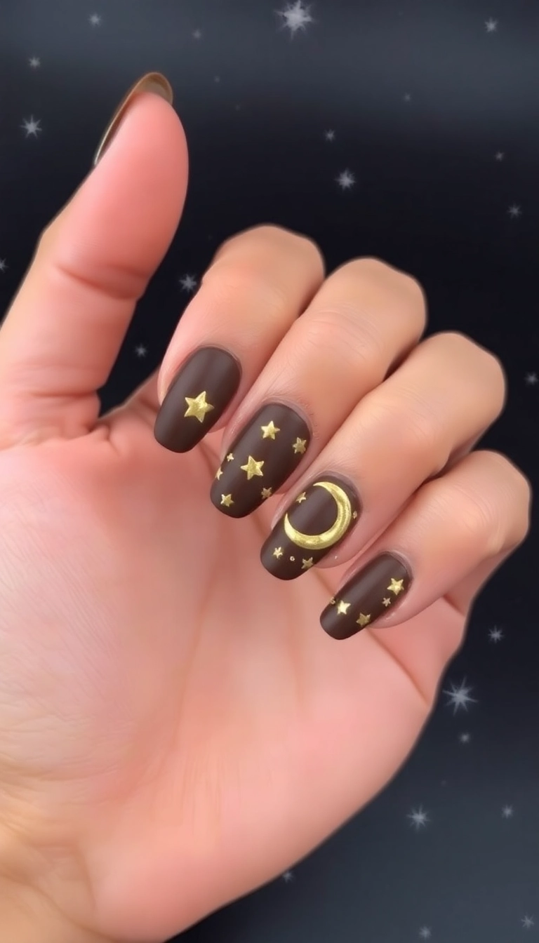 25 Trendy Chocolate Brown Nail Art Designs You Can't Miss! - 22. Chocolate Brown with Celestial Designs