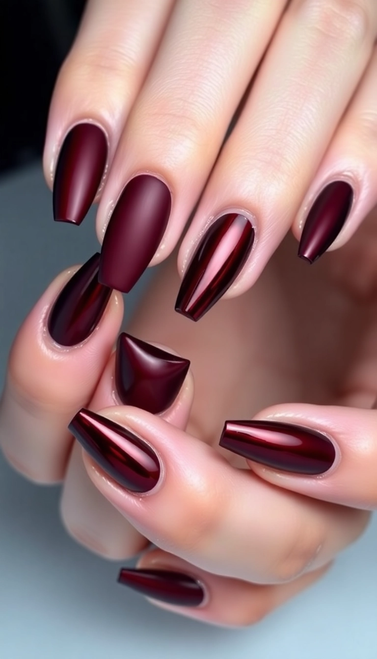 22 Stunning Burgundy Chrome Nail Ideas That Will Have Everyone Asking Where You Got Them! - 6. Matte and Glossy Burgundy Combo