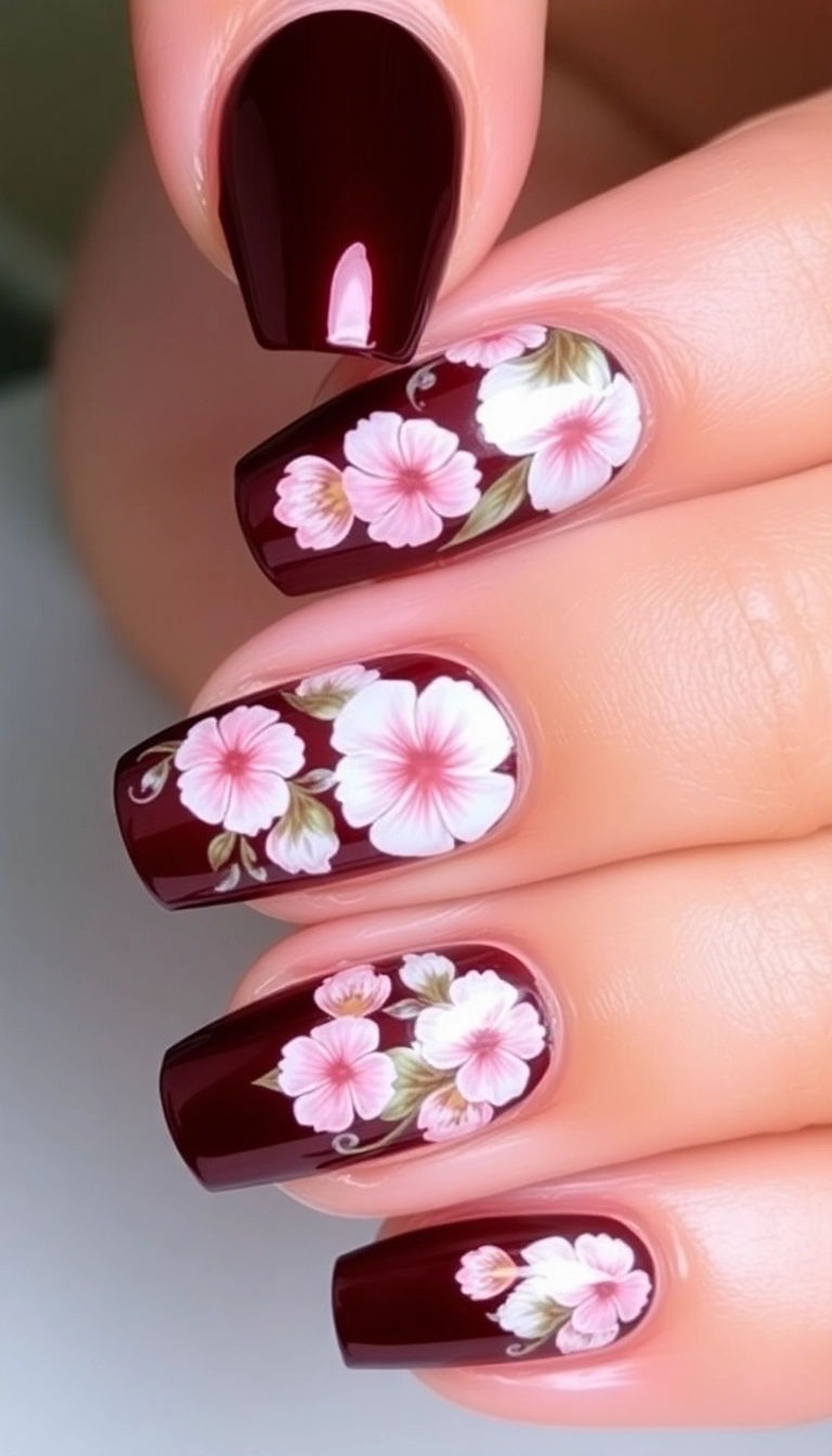 22 Stunning Burgundy Chrome Nail Ideas That Will Have Everyone Asking Where You Got Them! - 5. Floral Accents on Burgundy Chrome