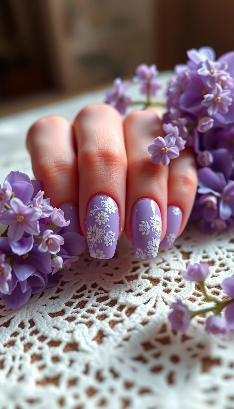 15 Lavender Acrylic Nails That Will Make You the Envy of Every Nail Lover! - 18. Lavender Lace Elegance