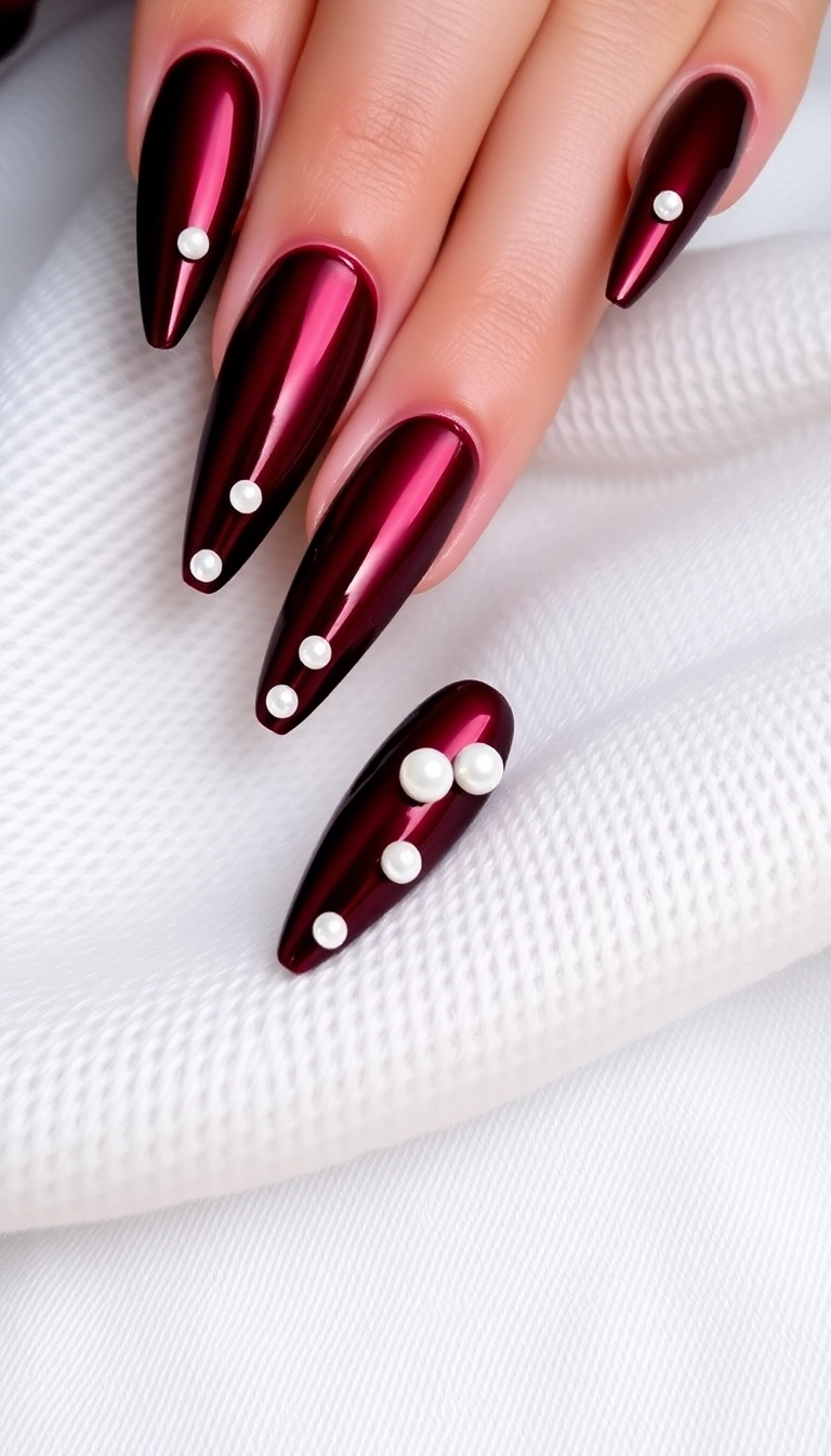 22 Stunning Burgundy Chrome Nail Ideas That Will Have Everyone Asking Where You Got Them! - 16. Burgundy Chrome with Pearls