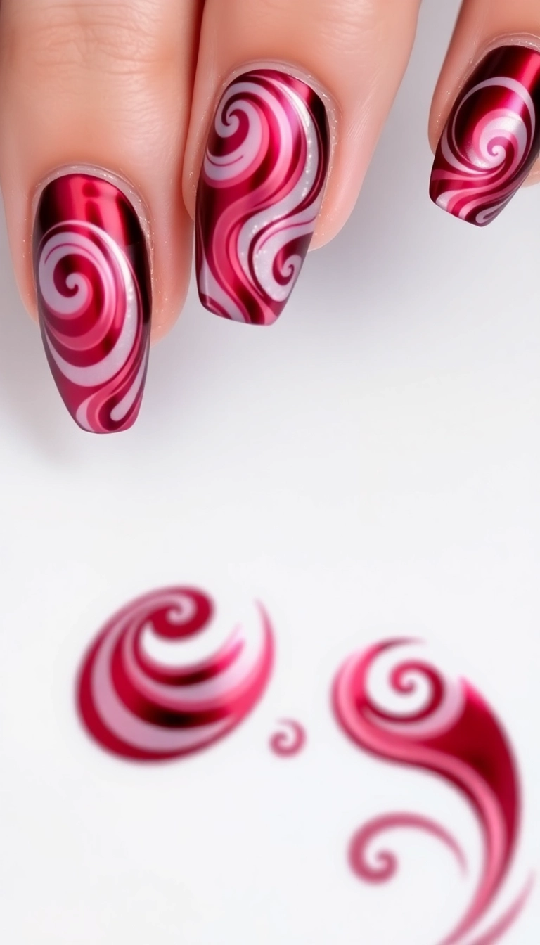 22 Stunning Burgundy Chrome Nail Ideas That Will Have Everyone Asking Where You Got Them! - 17. Burgundy Chrome Swirl Design