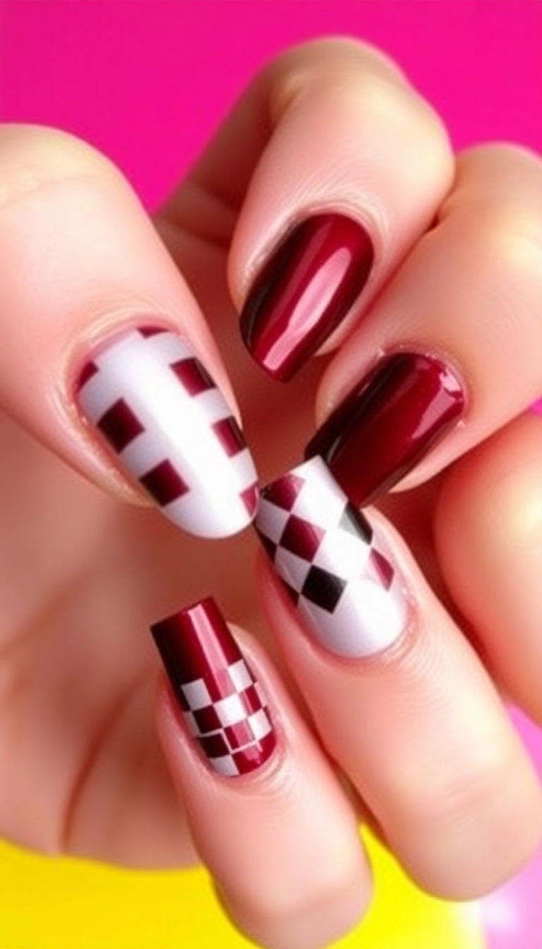 22 Stunning Burgundy Chrome Nail Ideas That Will Have Everyone Asking Where You Got Them! - 18. Burgundy Chrome Checkerboard