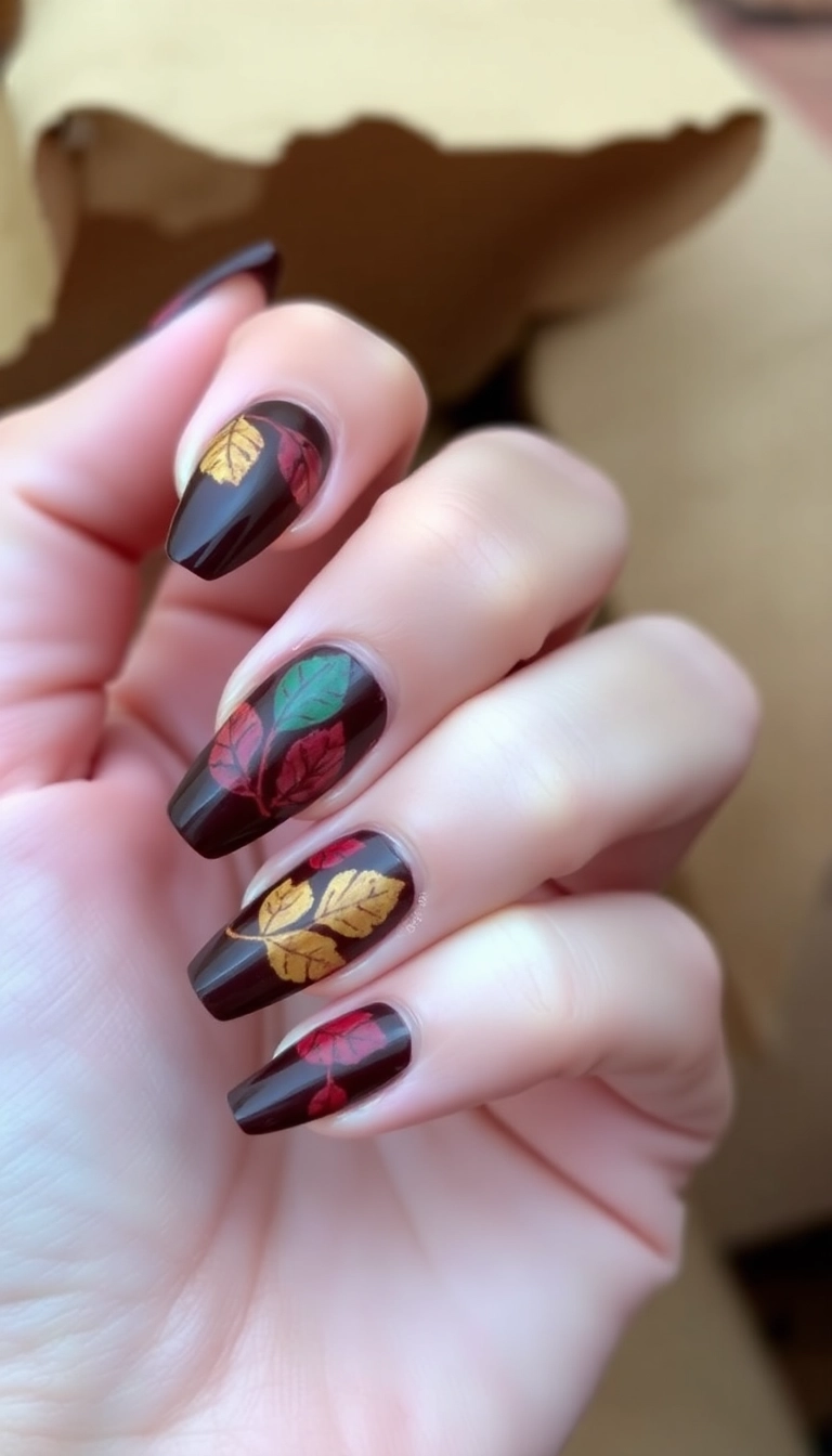 25 Trendy Chocolate Brown Nail Art Designs You Can't Miss! - 22. Chocolate Brown with Seasonal Leaves